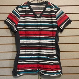 Allure White Cross Women Scrub Top Large Striped V-Neck 7 Red Teal Black Medical